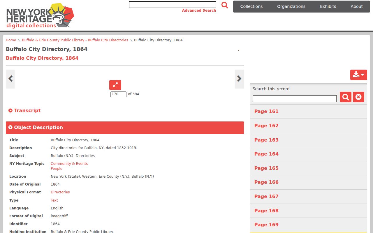 Buffalo city directory 1864 sample entry and item metadata